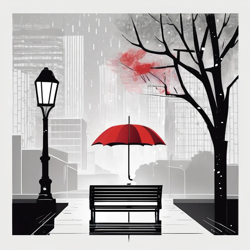 "Minimalist illustration of a lonely red umbrella sitting on a bench in a black and white rainy cityscape, vector art, flat design, high contrast."