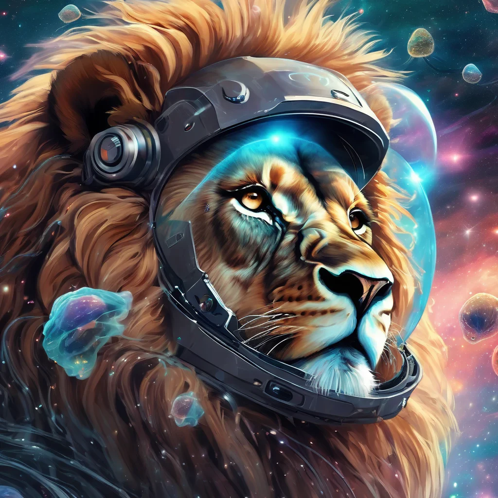 "A majestic lion wearing a futuristic astronaut helmet, drifting in a nebula filled with bioluminescent jellyfish, digital painting, highly detailed, $4k$