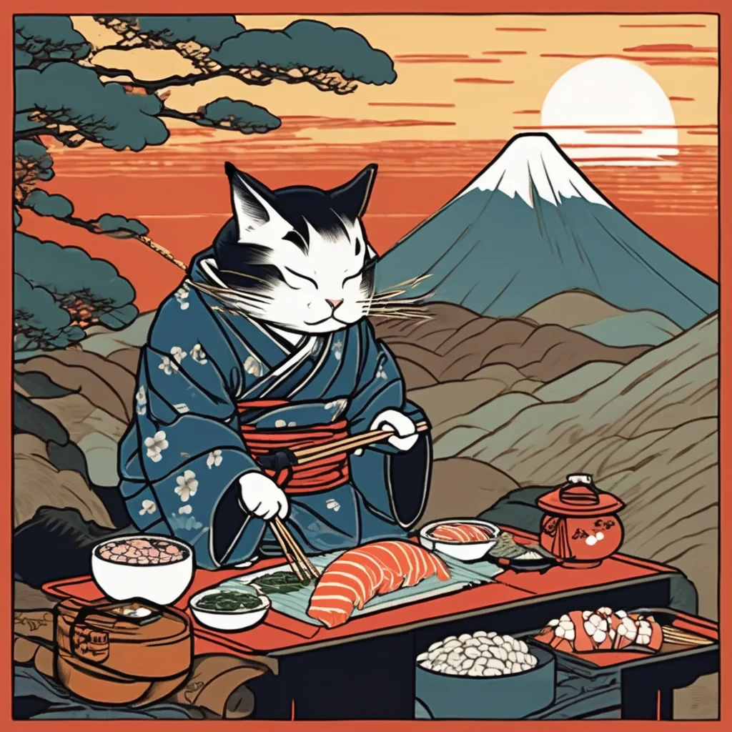 "A samurai cat chef expertly preparing sushi on a mountainside during a serene sunrise, ukiyo-e woodblock print style, vivid colors, Japanese aesthetic."