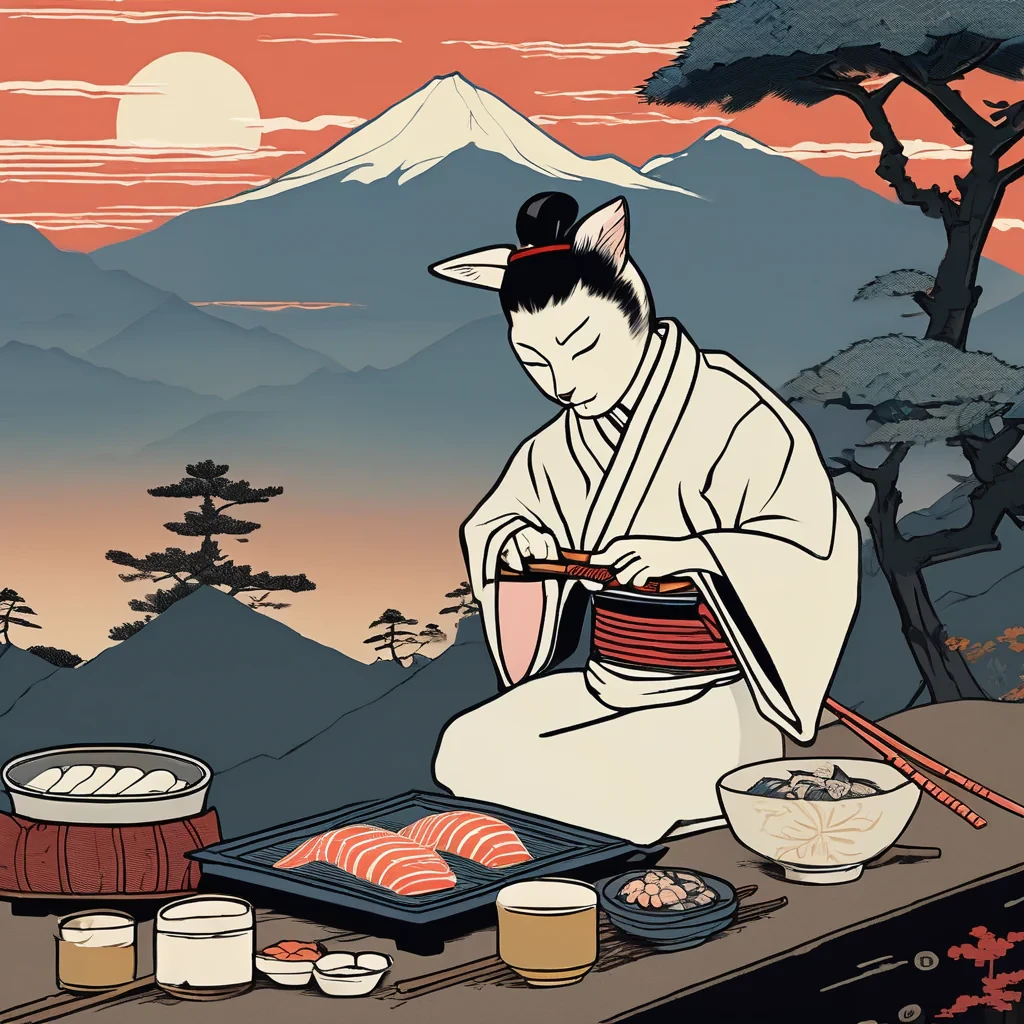 "A samurai cat chef expertly preparing sushi on a mountainside during a serene sunrise, ukiyo-e woodblock print style, vivid colors, Japanese aesthetic."