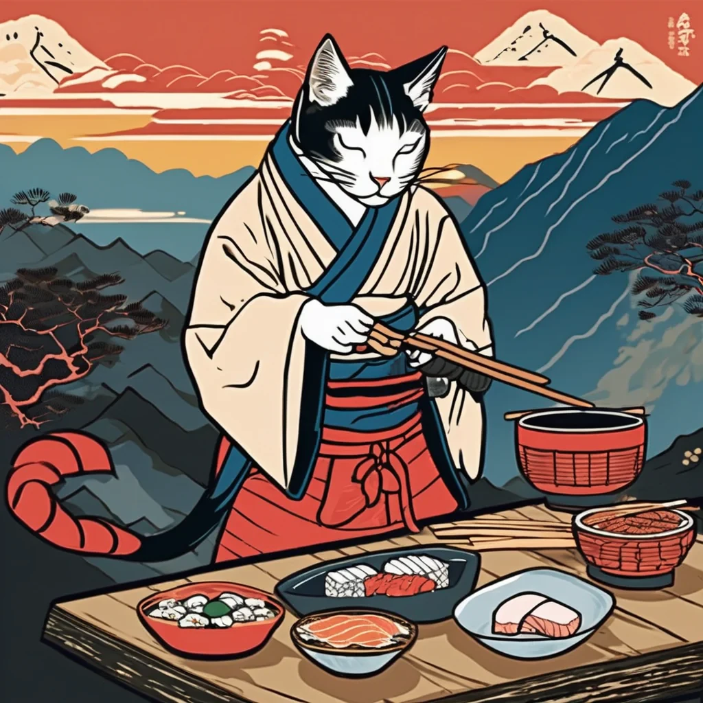 "A samurai cat chef expertly preparing sushi on a mountainside during a serene sunrise, ukiyo-e woodblock print style, vivid colors, Japanese aesthetic."