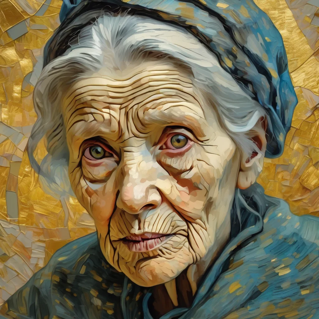 "Portrait of an elderly woman with deep, kind eyes, her face etched with maps of past travels, surrounded by a subtle aura of gold dust, painted in the style of Van Gogh, thick brushstrokes."