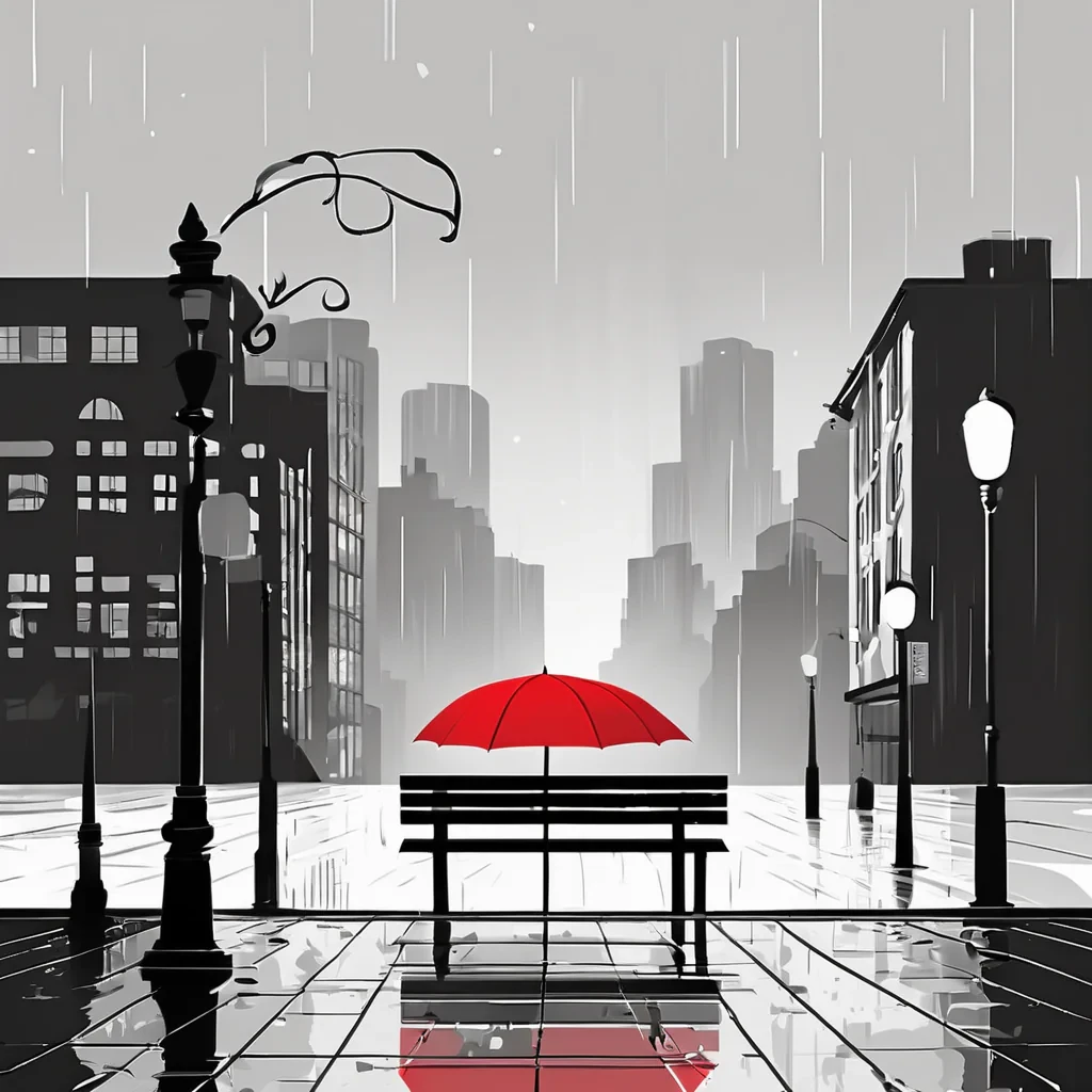 "Minimalist illustration of a lonely red umbrella sitting on a bench in a black and white rainy cityscape, vector art, flat design, high contrast."