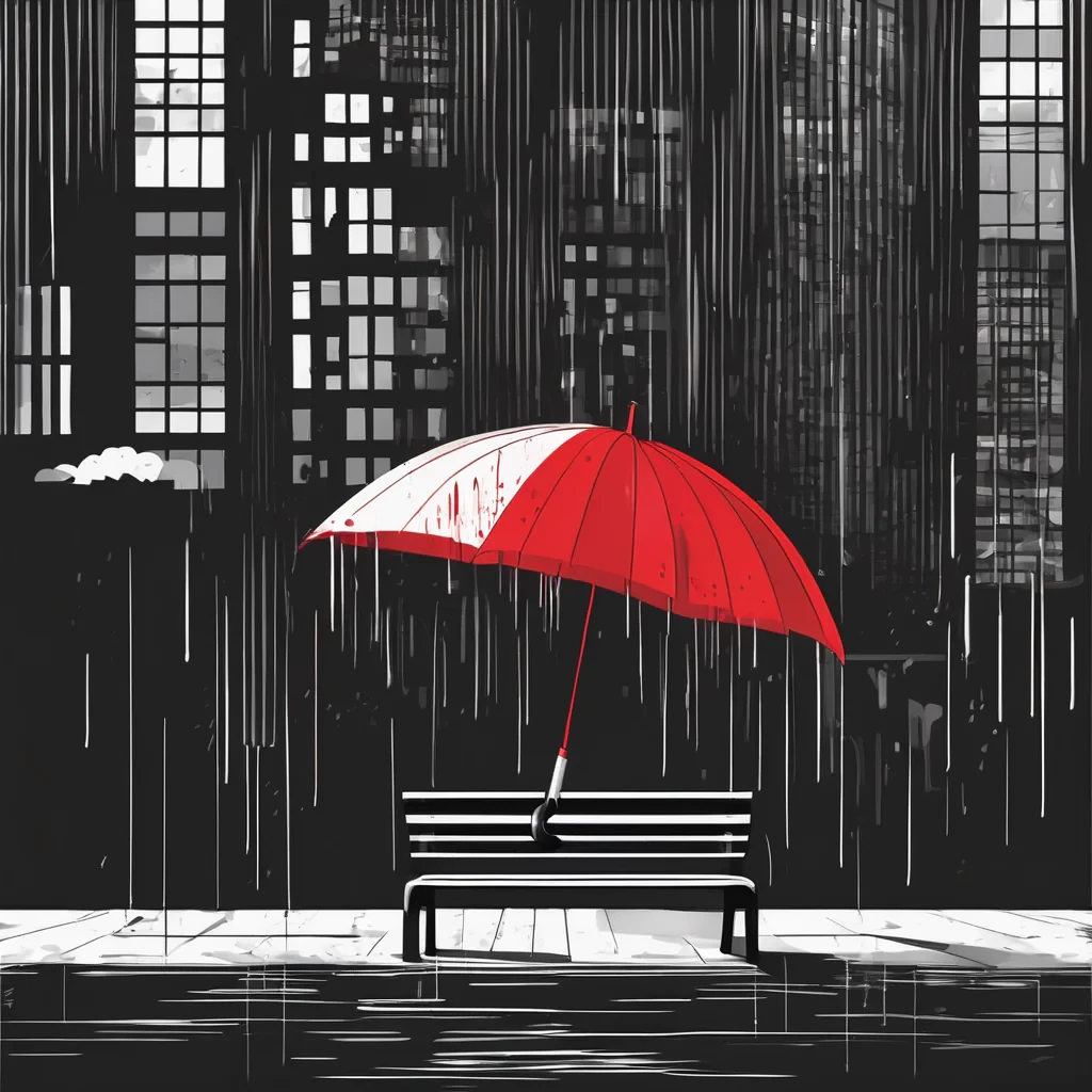 "Minimalist illustration of a lonely red umbrella sitting on a bench in a black and white rainy cityscape, vector art, flat design, high contrast."