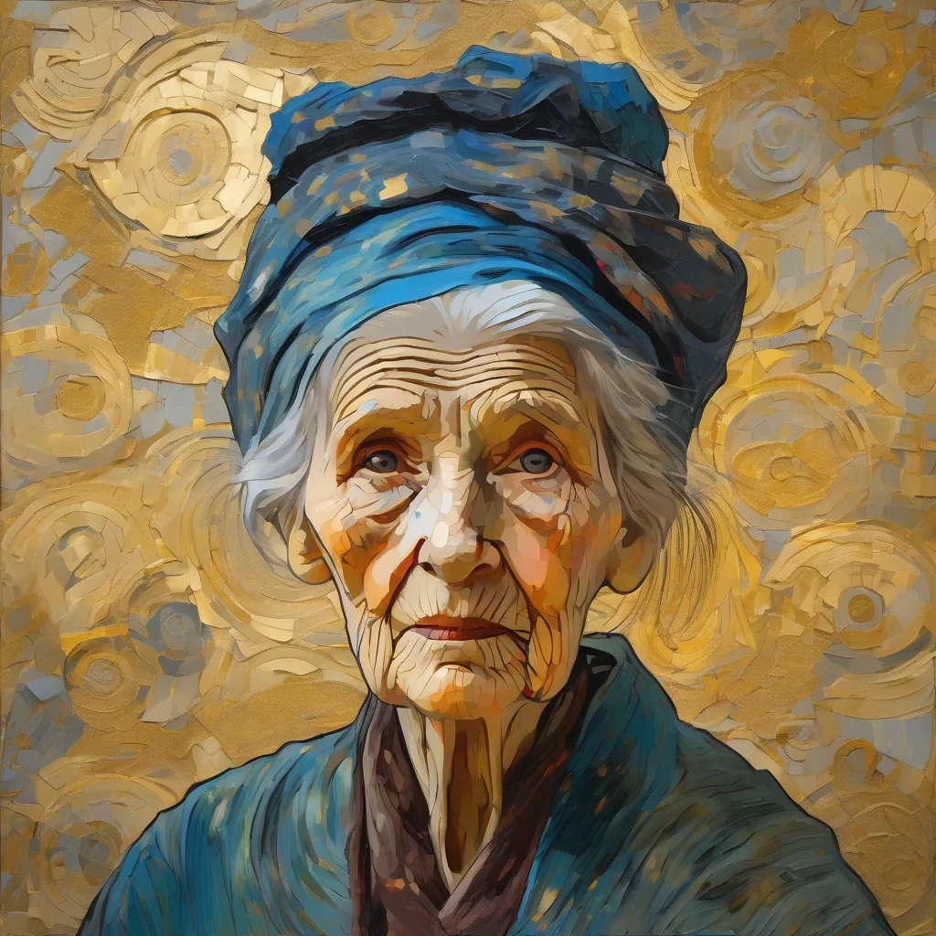 "Portrait of an elderly woman with deep, kind eyes, her face etched with maps of past travels, surrounded by a subtle aura of gold dust, painted in the style of Van Gogh, thick brushstrokes."
