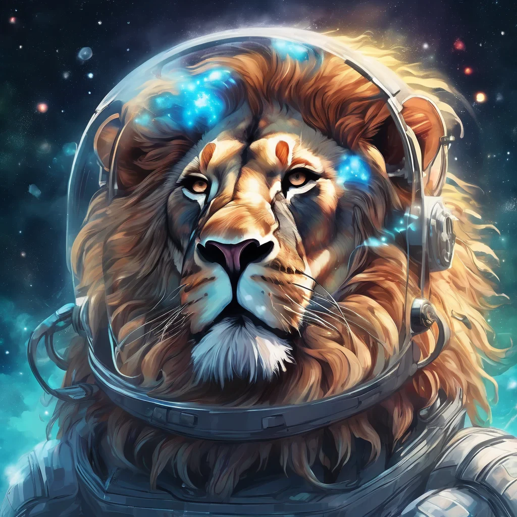 "A majestic lion wearing a futuristic astronaut helmet, drifting in a nebula filled with bioluminescent jellyfish, digital painting, highly detailed, $4k$