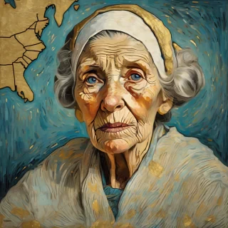 "Portrait of an elderly woman with deep, kind eyes, her face etched with maps of past travels, surrounded by a subtle aura of gold dust, painted in the style of Van Gogh, thick brushstrokes."