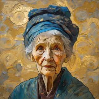 "Portrait of an elderly woman with deep, kind eyes, her face etched with maps of past travels, surrounded by a subtle aura of gold dust, painted in the style of Van Gogh, thick brushstrokes."