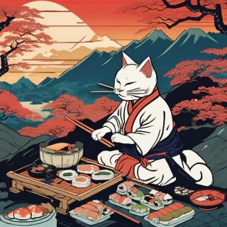 "A samurai cat chef expertly preparing sushi on a mountainside during a serene sunrise, ukiyo-e woodblock print style, vivid colors, Japanese aesthetic."
