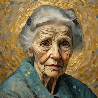 "Portrait of an elderly woman with deep, kind eyes, her face etched with maps of past travels, surrounded by a subtle aura of gold dust, painted in the style of Van Gogh, thick brushstrokes."