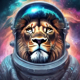 "A majestic lion wearing a futuristic astronaut helmet, drifting in a nebula filled with bioluminescent jellyfish, digital painting, highly detailed, $4k$
