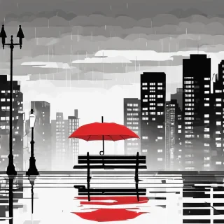 "Minimalist illustration of a lonely red umbrella sitting on a bench in a black and white rainy cityscape, vector art, flat design, high contrast."
