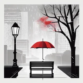 "Minimalist illustration of a lonely red umbrella sitting on a bench in a black and white rainy cityscape, vector art, flat design, high contrast."