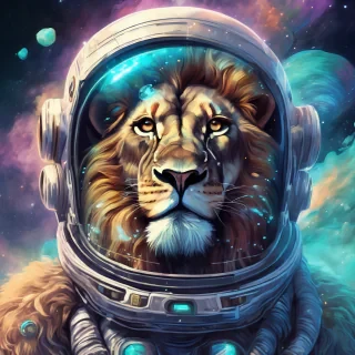 "A majestic lion wearing a futuristic astronaut helmet, drifting in a nebula filled with bioluminescent jellyfish, digital painting, highly detailed, $4k$