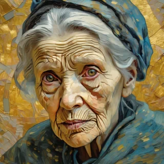 "Portrait of an elderly woman with deep, kind eyes, her face etched with maps of past travels, surrounded by a subtle aura of gold dust, painted in the style of Van Gogh, thick brushstrokes."
